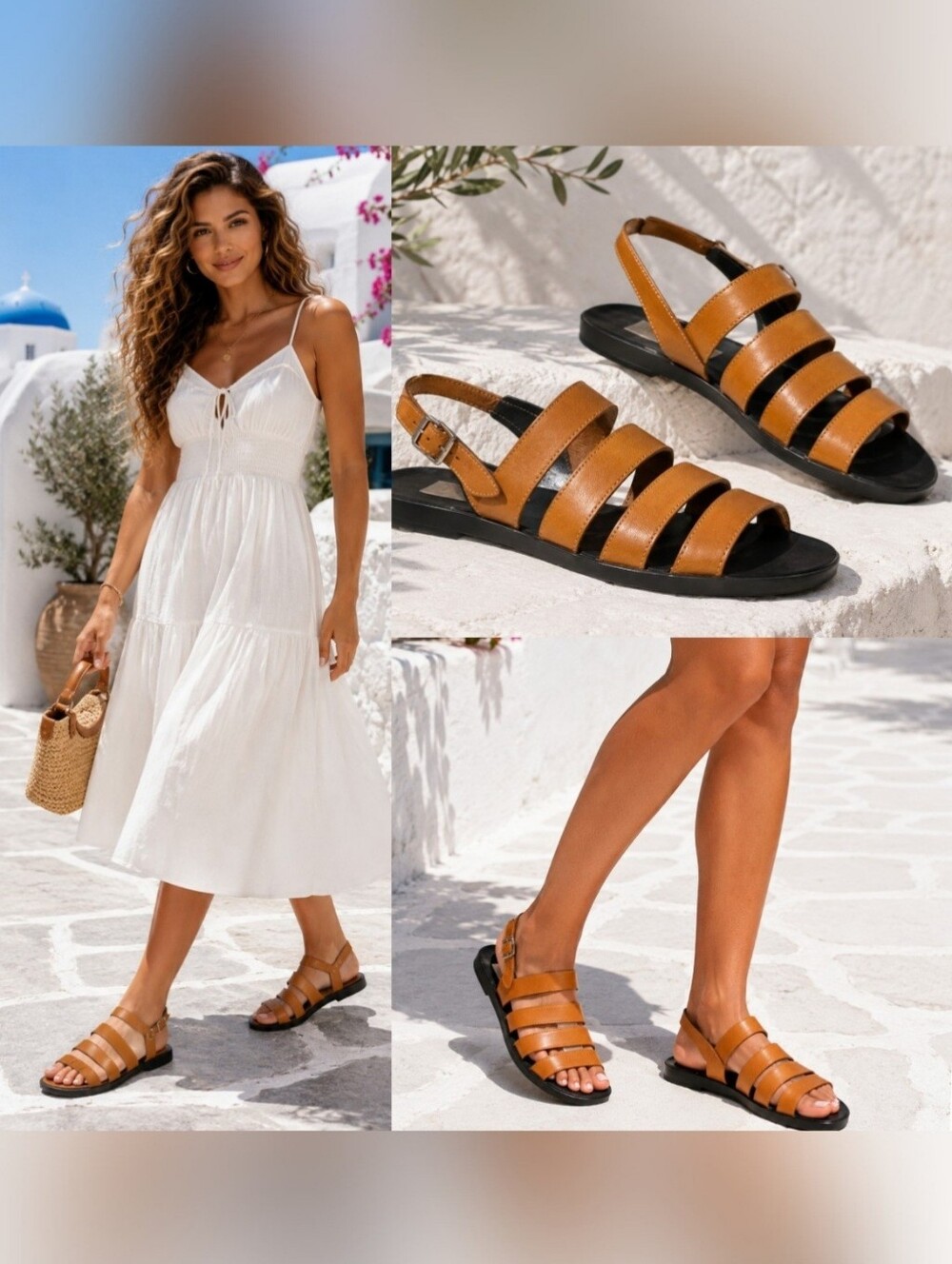 Esprit Leather Strappy Flat Sandals Tan Black Ankle Buckle Summer Shoes Size 8